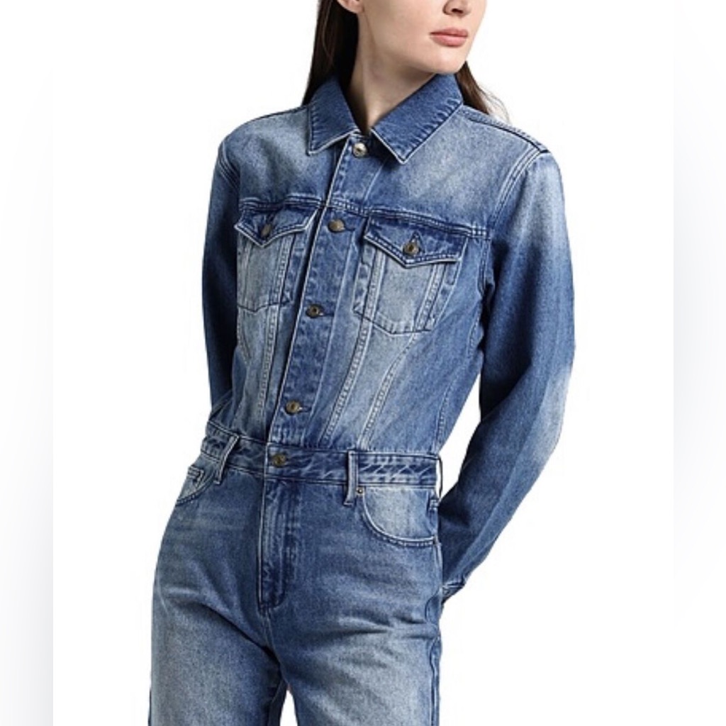 Michael Kors Womens Indigo Blue Denim Button-Front Long Jumpsuit